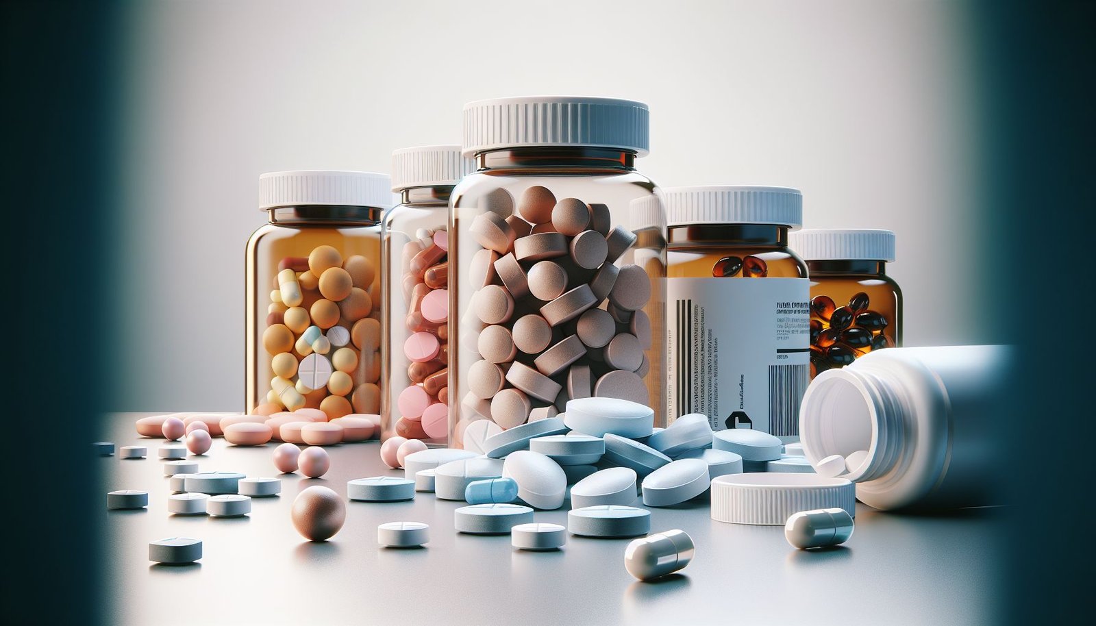 Image of various pills with a stethoscope and a heart symbol to signify healthcare and vitality